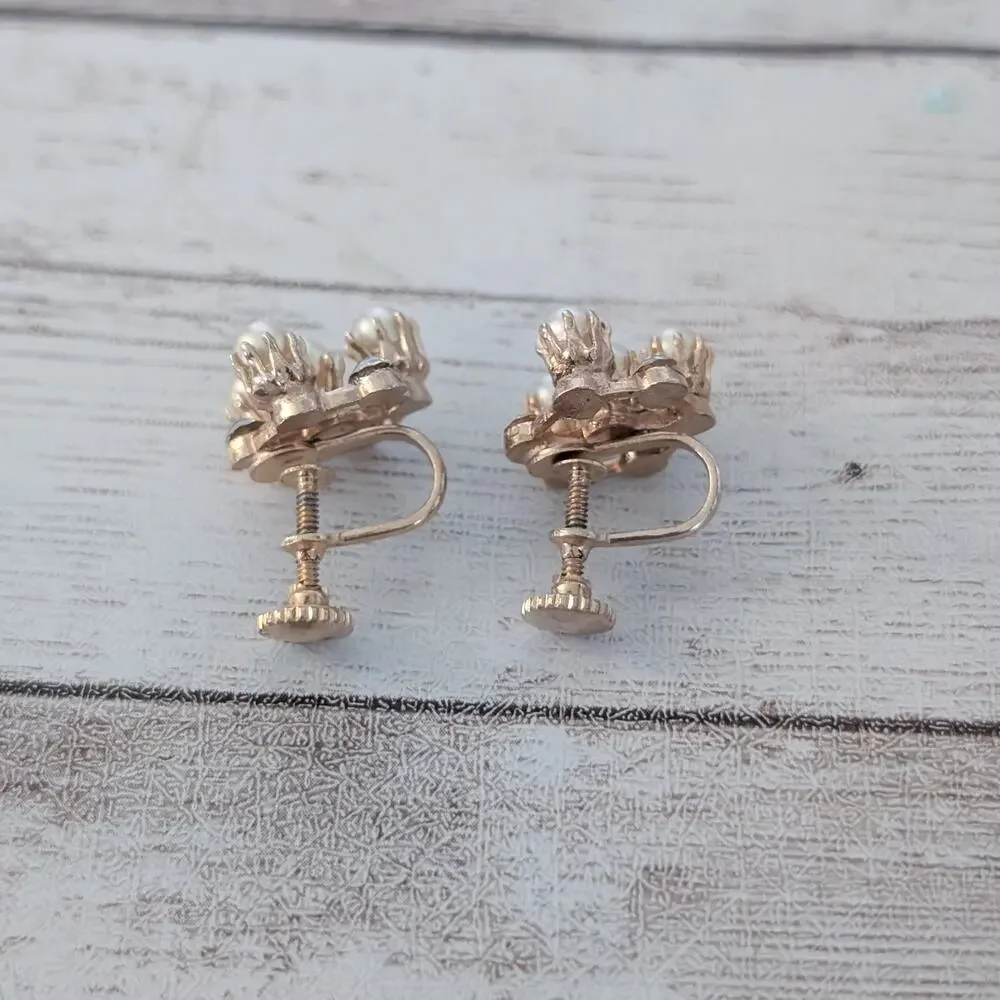 Vintage Screw On Earrings Pretty Faux Pearl & Clear Gems